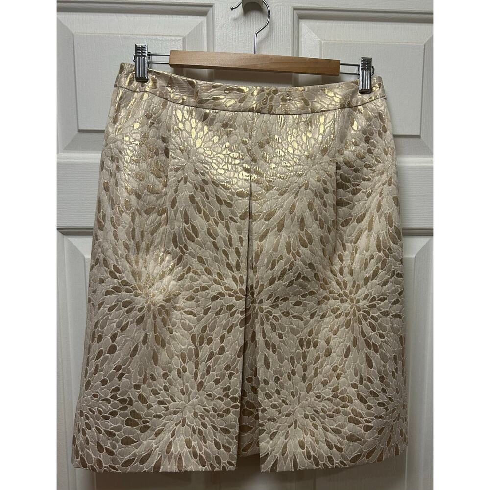 Elegant Gold Floral Brocade Pleated Midi Skirt Statement Piece, Size 6